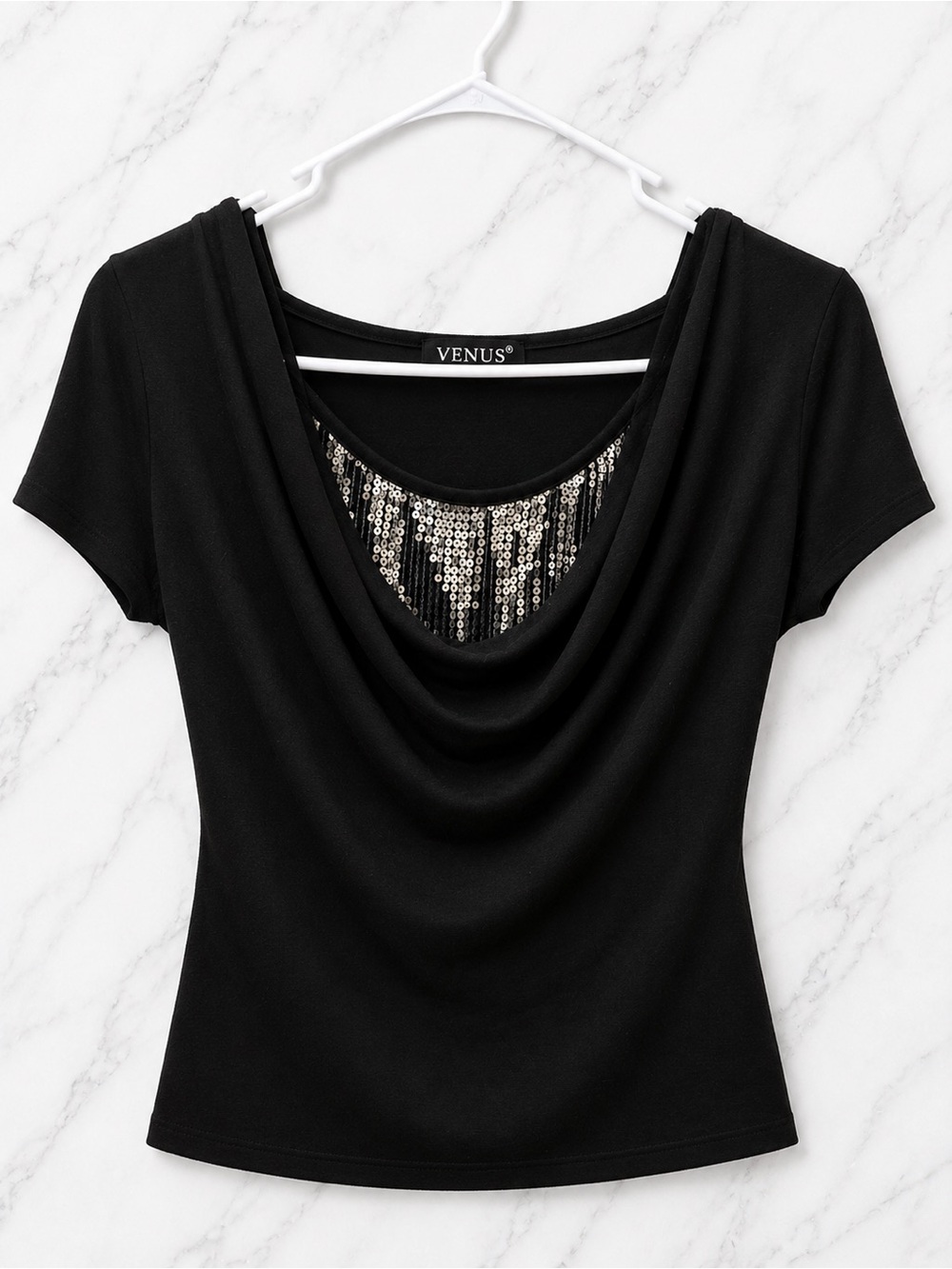 VENUS Draped Cowl Neck Sequin Accent Top Black Silver Evening Party | Small⁠